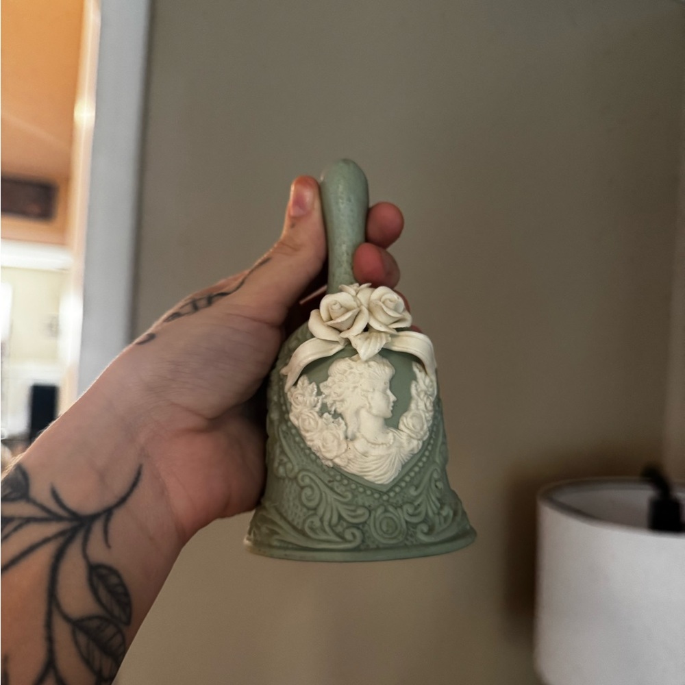 Vintage Green Decorative Bell with Cream Floral Design